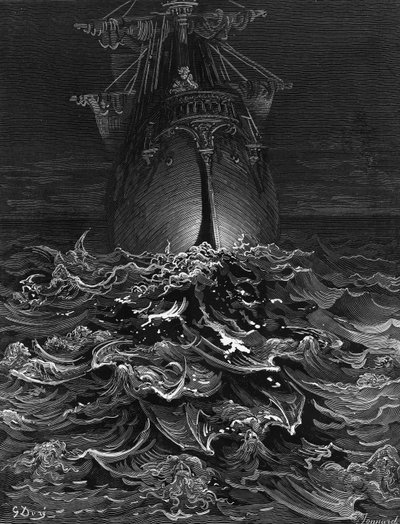 De zeeman kijkt naar de oceaan en betreurt zijn overleving terwijl al zijn medezeilers zijn gestorven, scène uit 